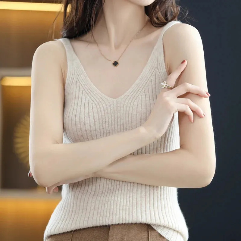 100% pure wool T-shirt spring and summer new women's suspender vest slim bottomed sexy Knitted Top