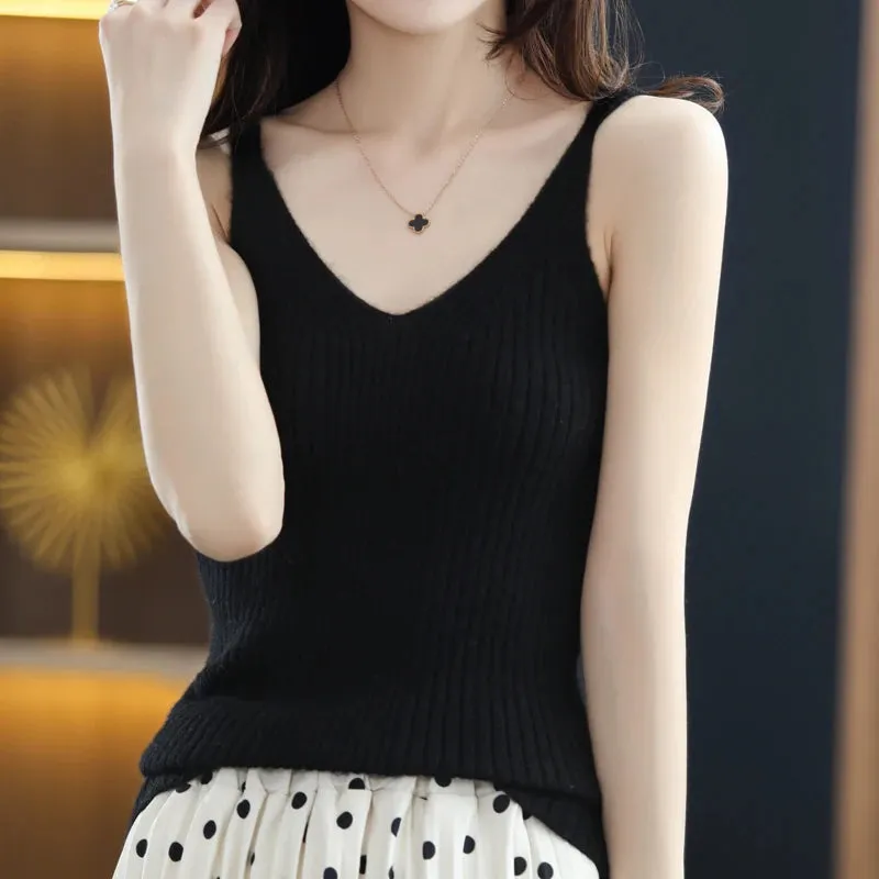 100% pure wool T-shirt spring and summer new women's suspender vest slim bottomed sexy Knitted Top