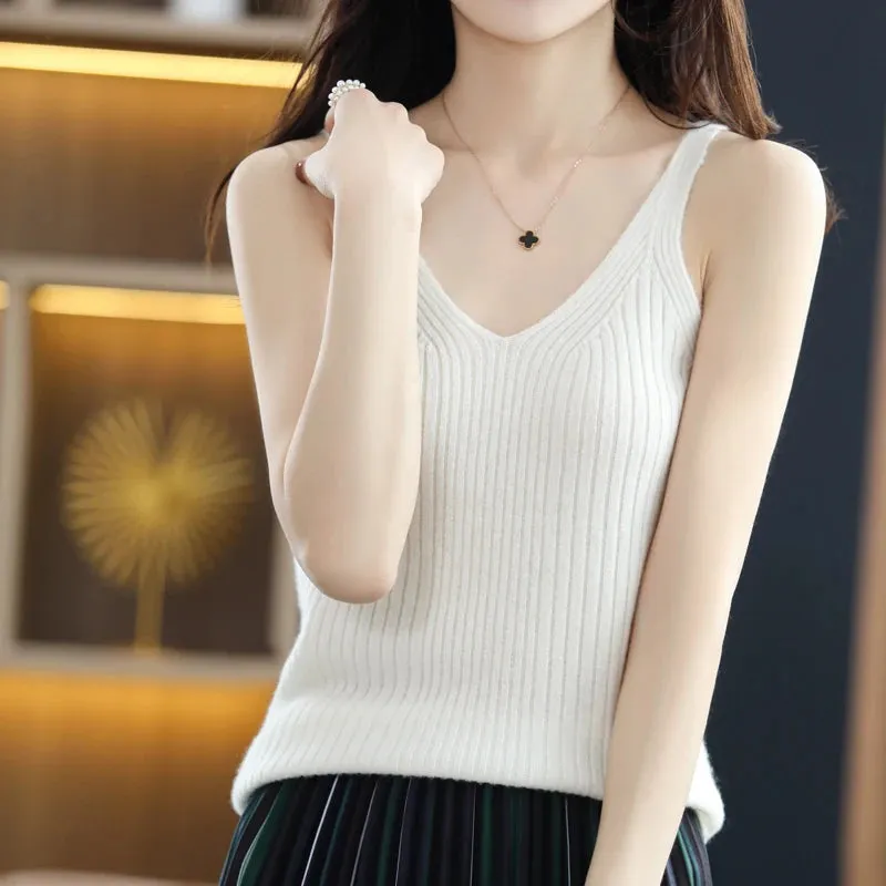 100% pure wool T-shirt spring and summer new women's suspender vest slim bottomed sexy Knitted Top