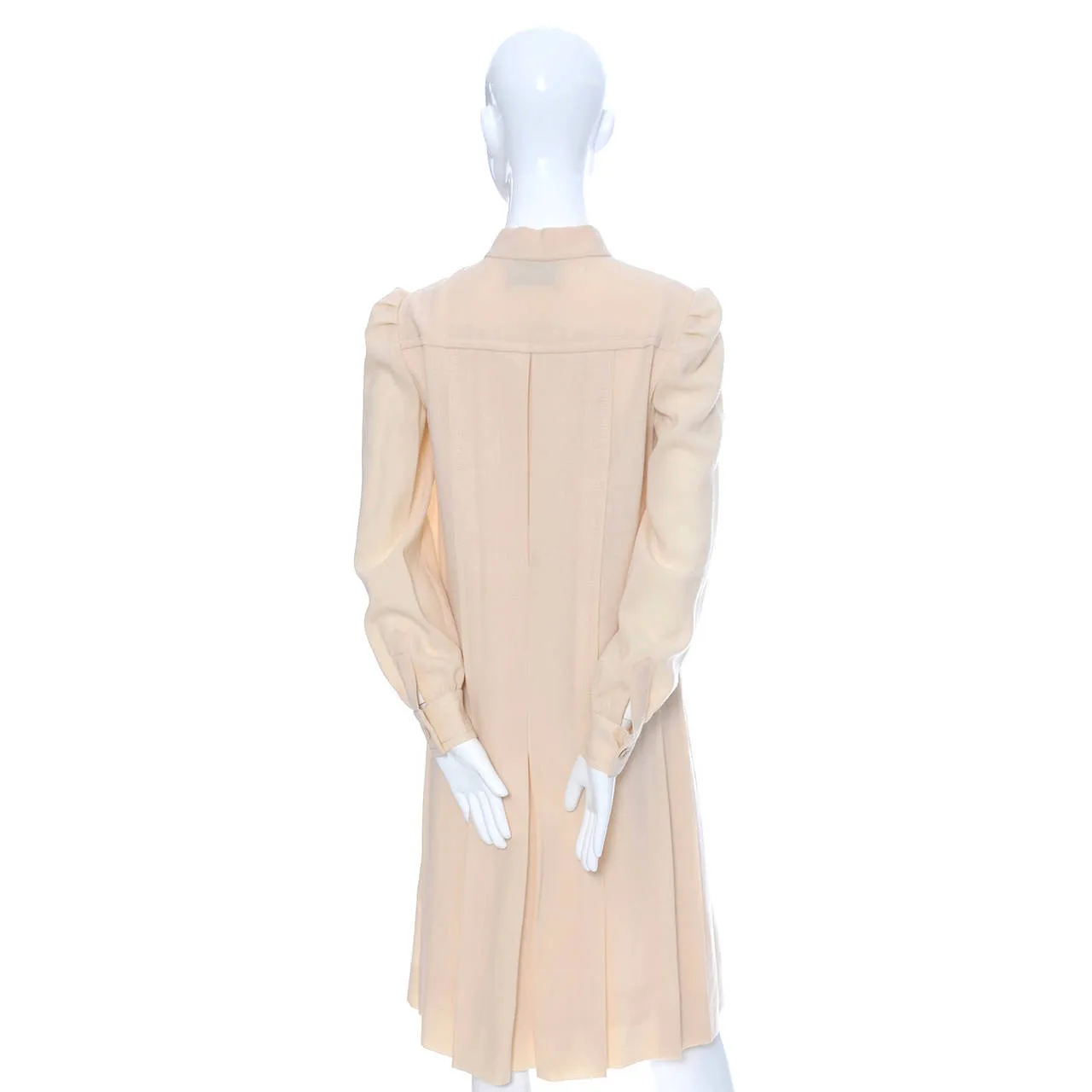 1970s Pleated Cream Wool Shift Dress with Bow by Marshall Field