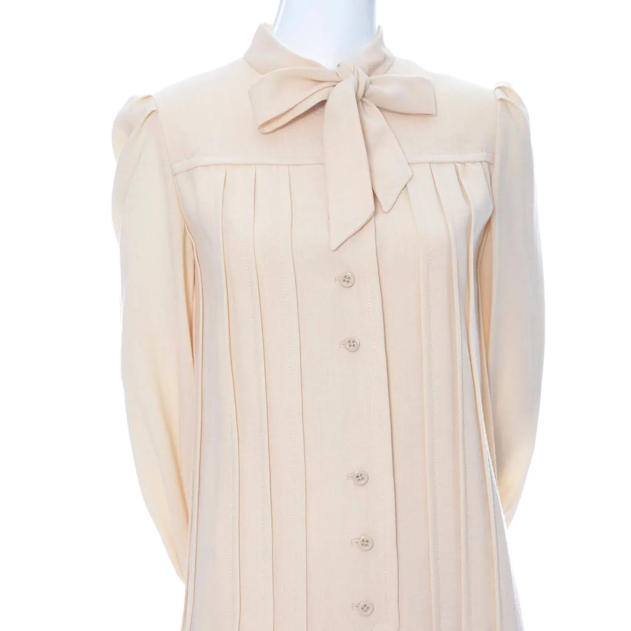 1970s Pleated Cream Wool Shift Dress with Bow by Marshall Field