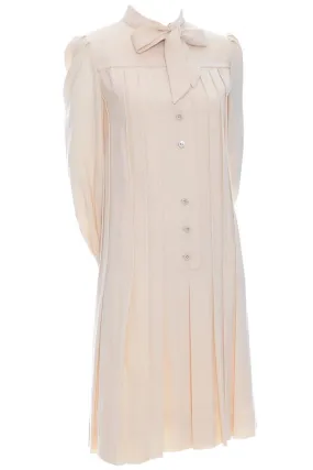 1970s Pleated Cream Wool Shift Dress with Bow by Marshall Field