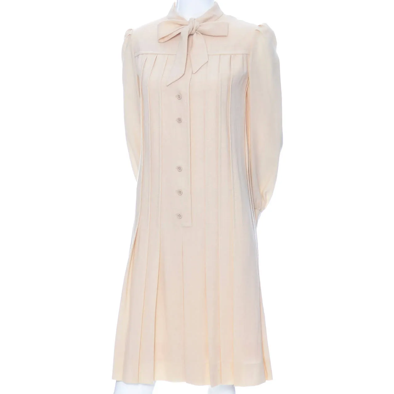 1970s Pleated Cream Wool Shift Dress with Bow by Marshall Field