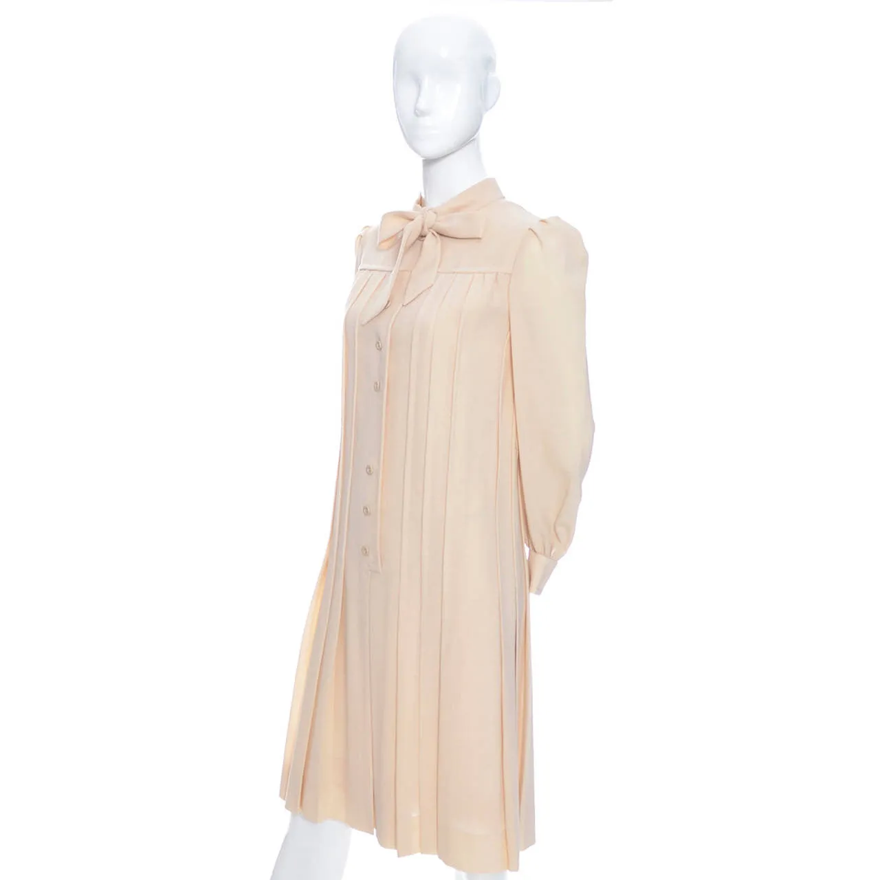 1970s Pleated Cream Wool Shift Dress with Bow by Marshall Field