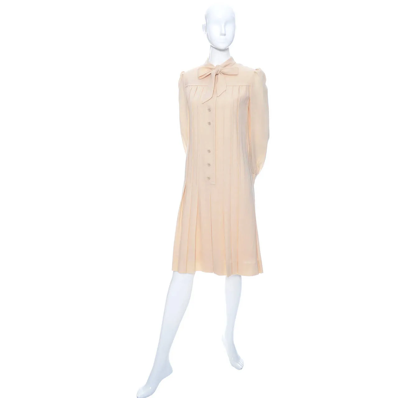 1970s Pleated Cream Wool Shift Dress with Bow by Marshall Field