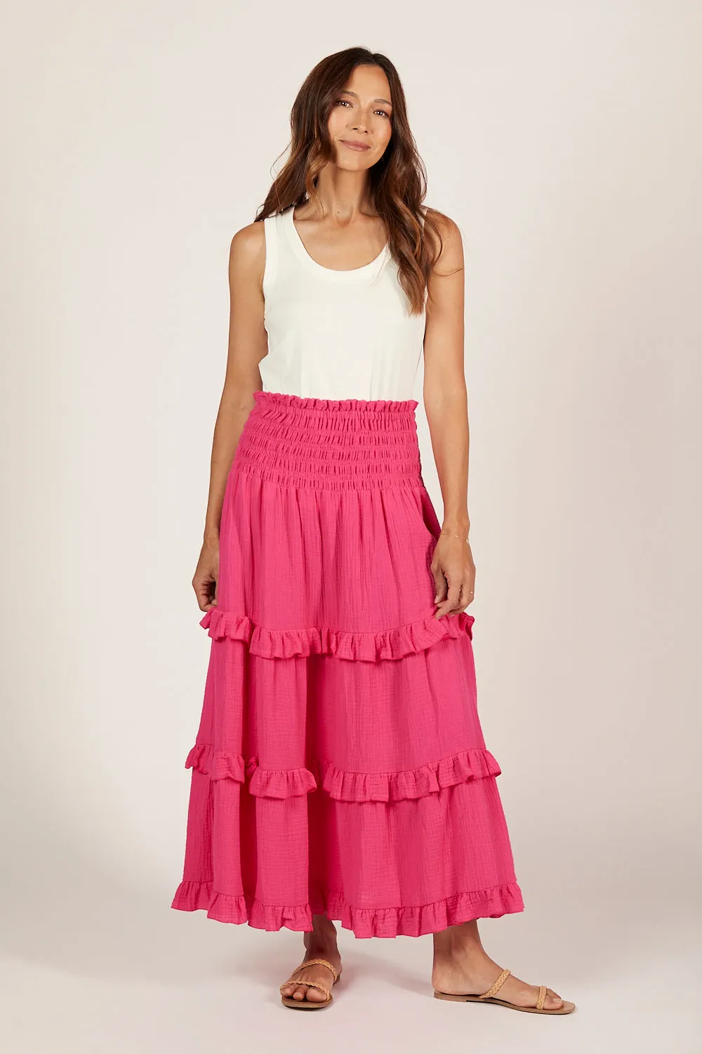 Aaliyah Crinkle Cotton Frill Skirt in Pink Glo