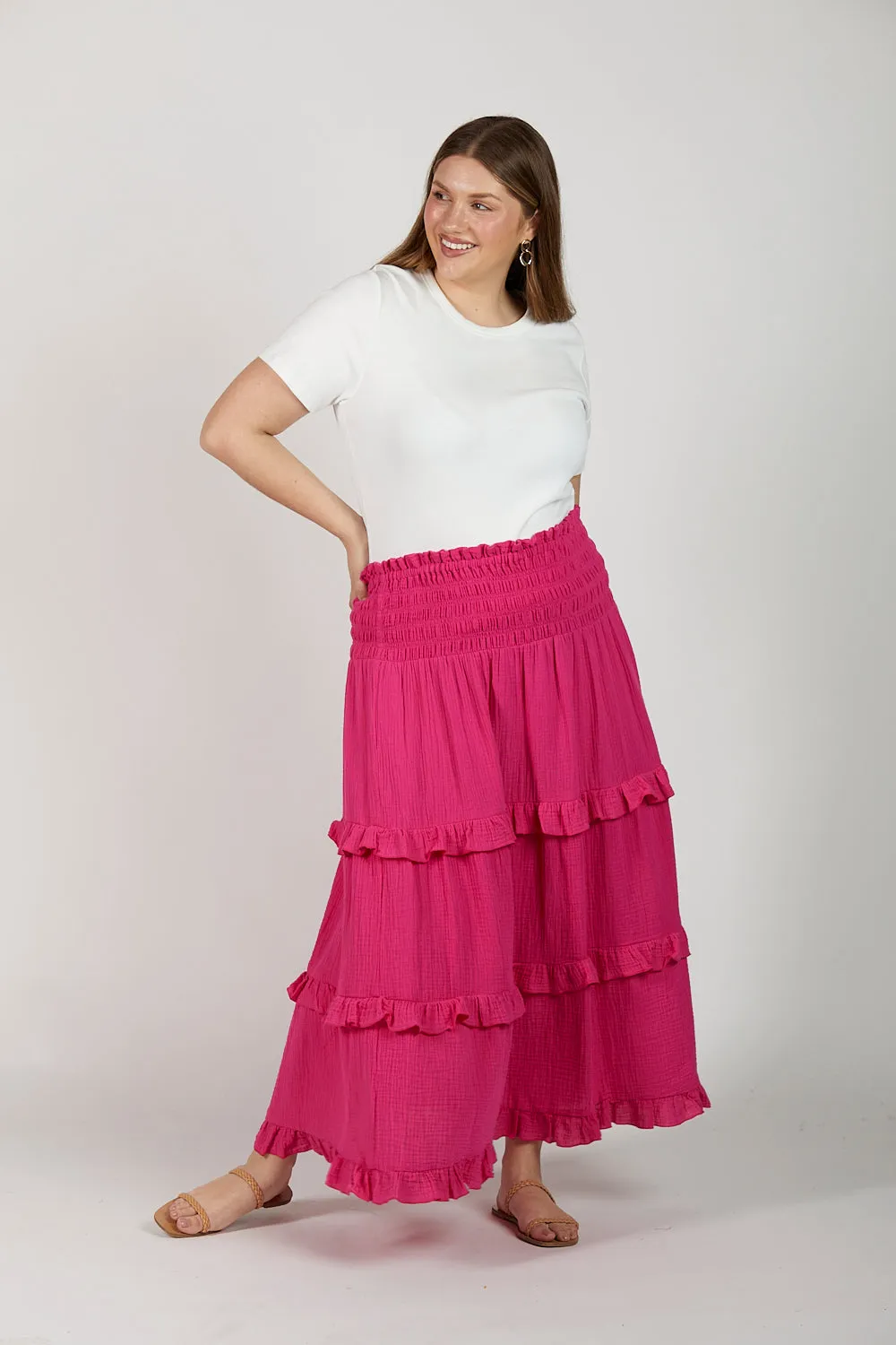 Aaliyah Crinkle Cotton Frill Skirt in Pink Glo