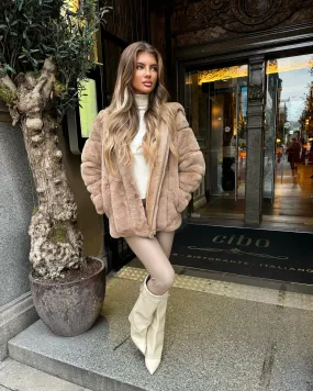 Adele Faux Fur Hooded Coat - Camel