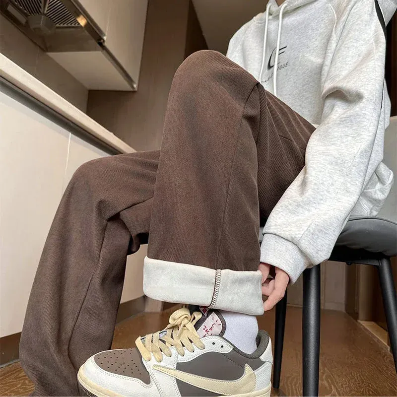 Aidase Autumn Winter Warm Corduroy Men Casual Loose Wide Leg Pants Male Solid Straight Trousers Man