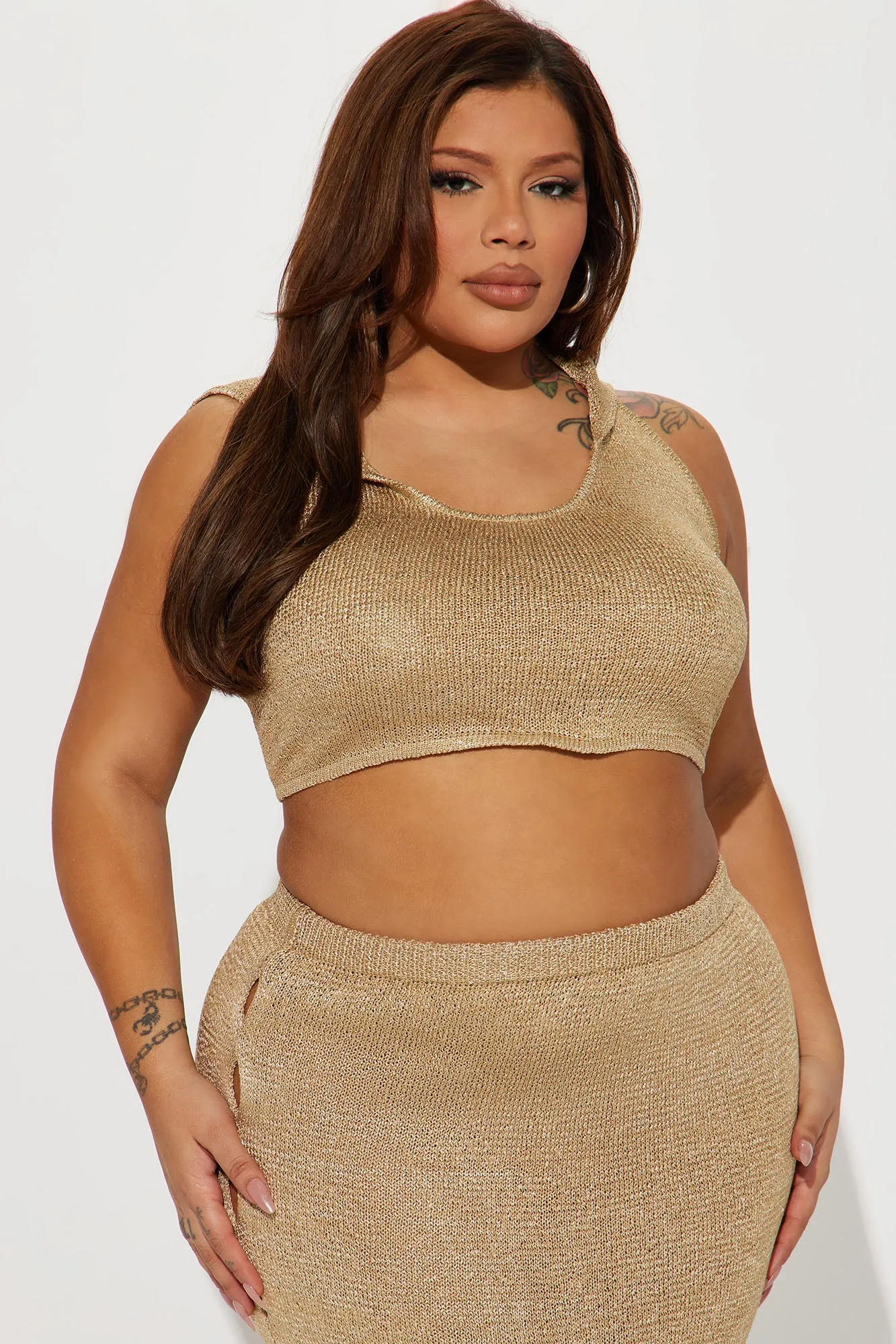 All The Vibes Crochet Skirt Set - Gold