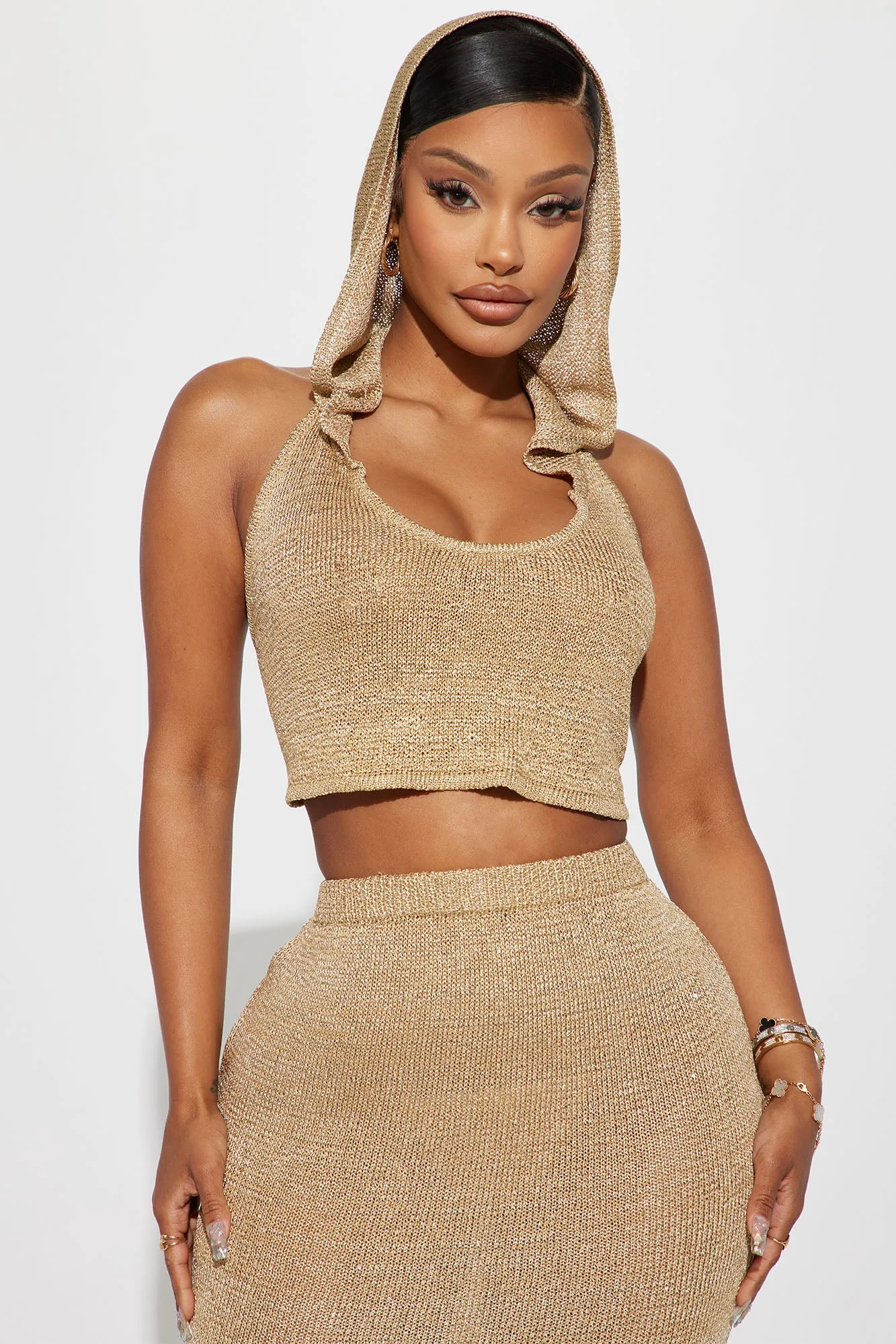 All The Vibes Crochet Skirt Set - Gold