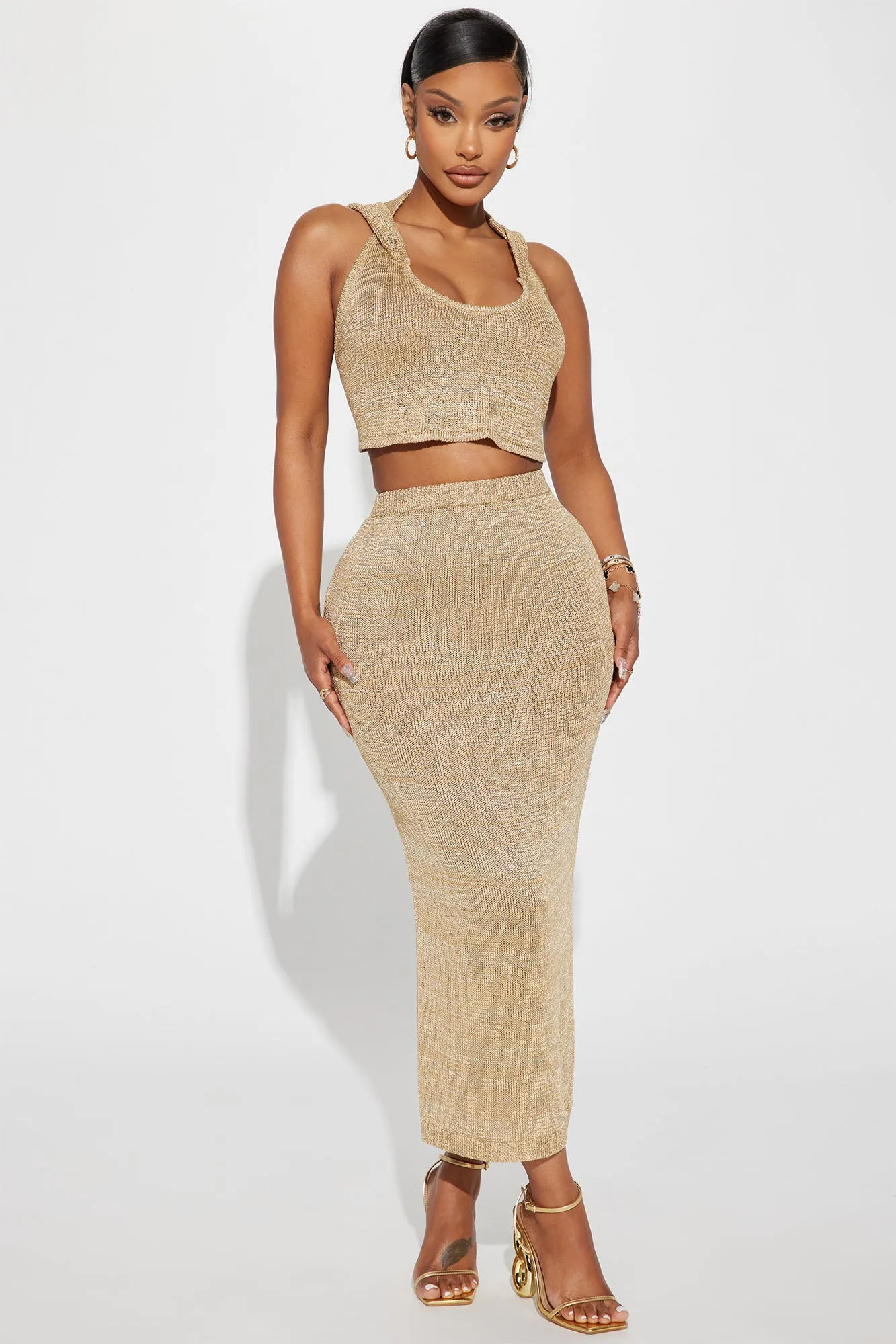 All The Vibes Crochet Skirt Set - Gold