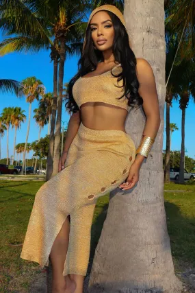 All The Vibes Crochet Skirt Set - Gold