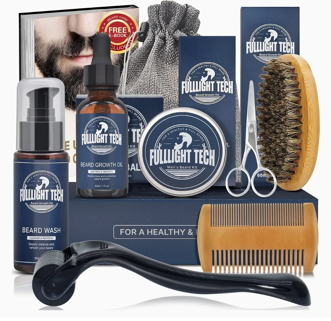 Beard Growth Kit,Beard Grooming Kit,Beard Kit W/Beard Roller,Beard Growth Oil,Beard Wash, Beard Balm,Comb,Brush,Shaving Scissors,Bag,E-book,Stocking Stuffers Birthday Gifts for Fathers Dad Men Him