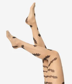 Beige & Black Flying Bats Print Pantyhose