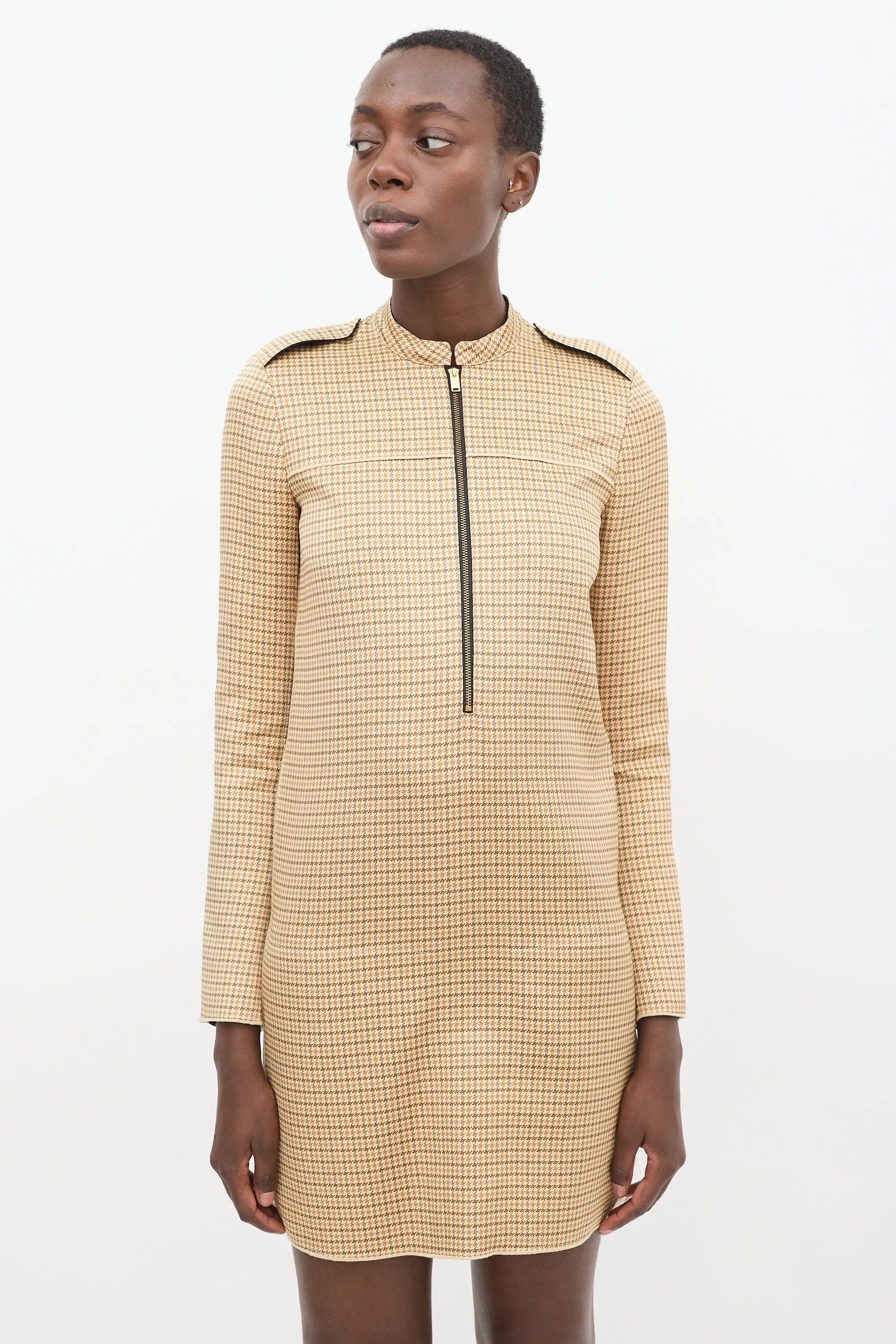 Beige & Multicolour Silk Houndstooth Dress