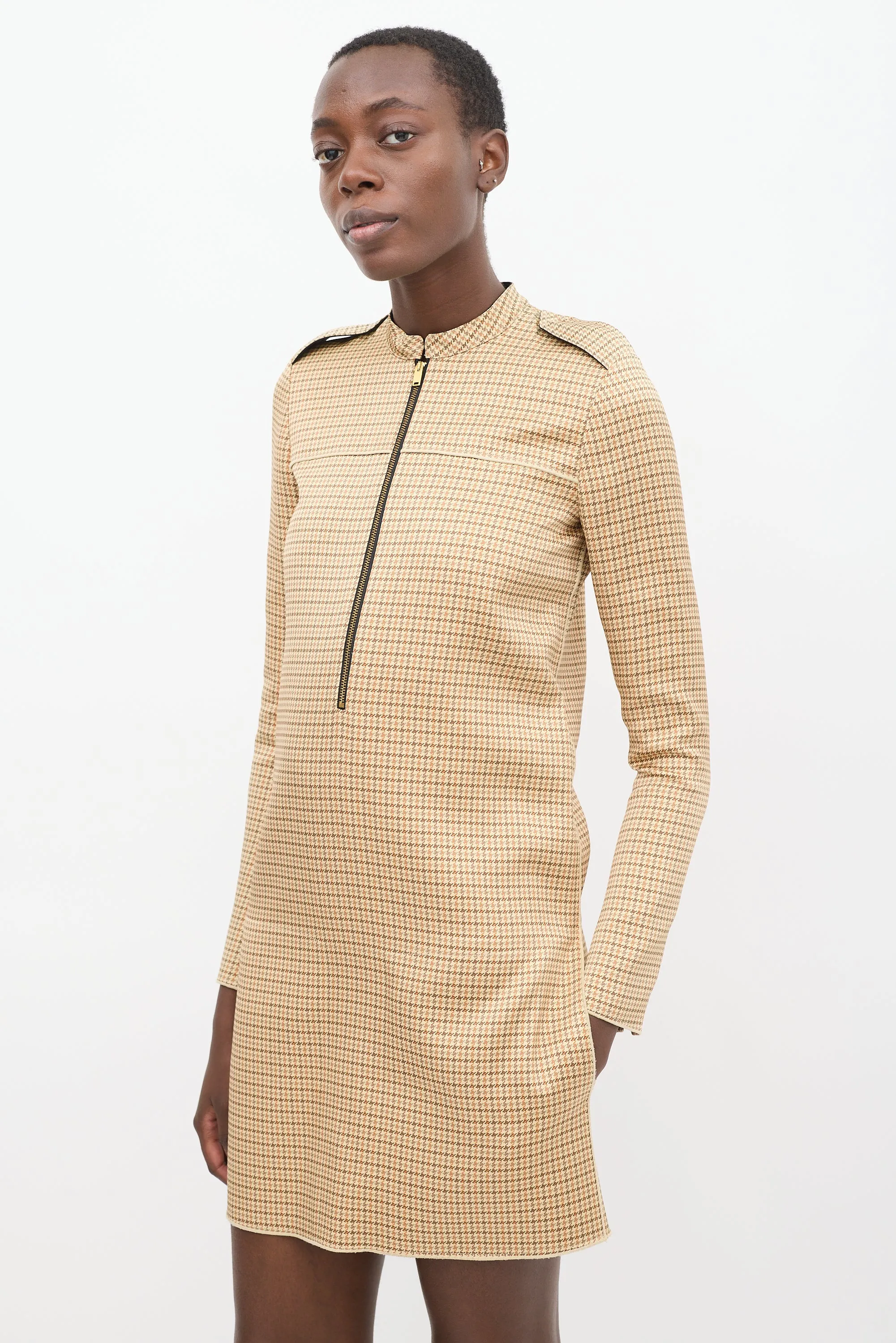 Beige & Multicolour Silk Houndstooth Dress