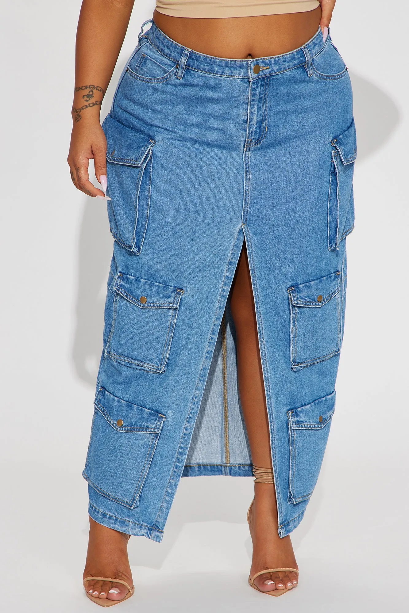 Big Energy Denim Cargo Maxi Skirt - Medium Wash