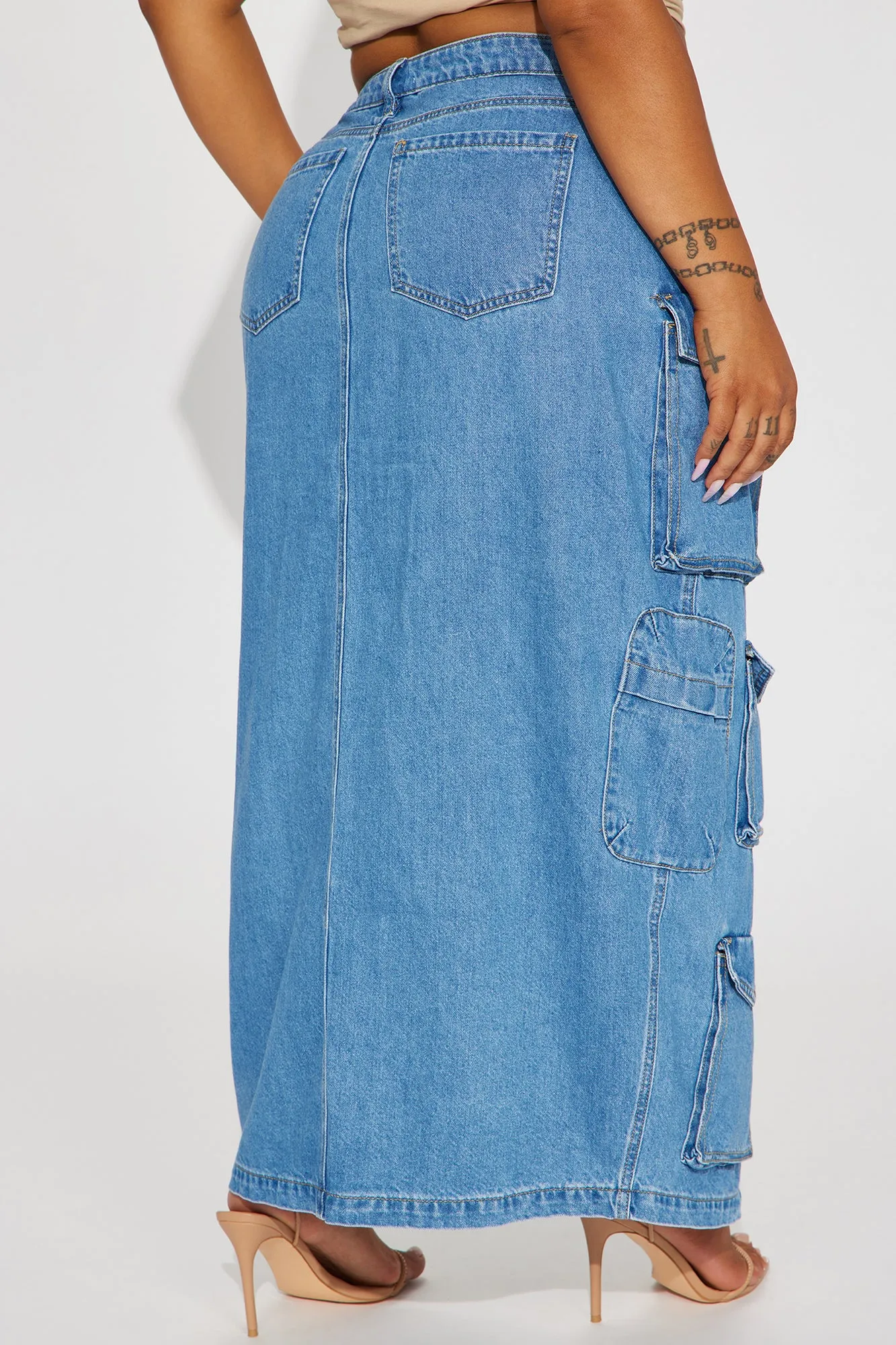 Big Energy Denim Cargo Maxi Skirt - Medium Wash