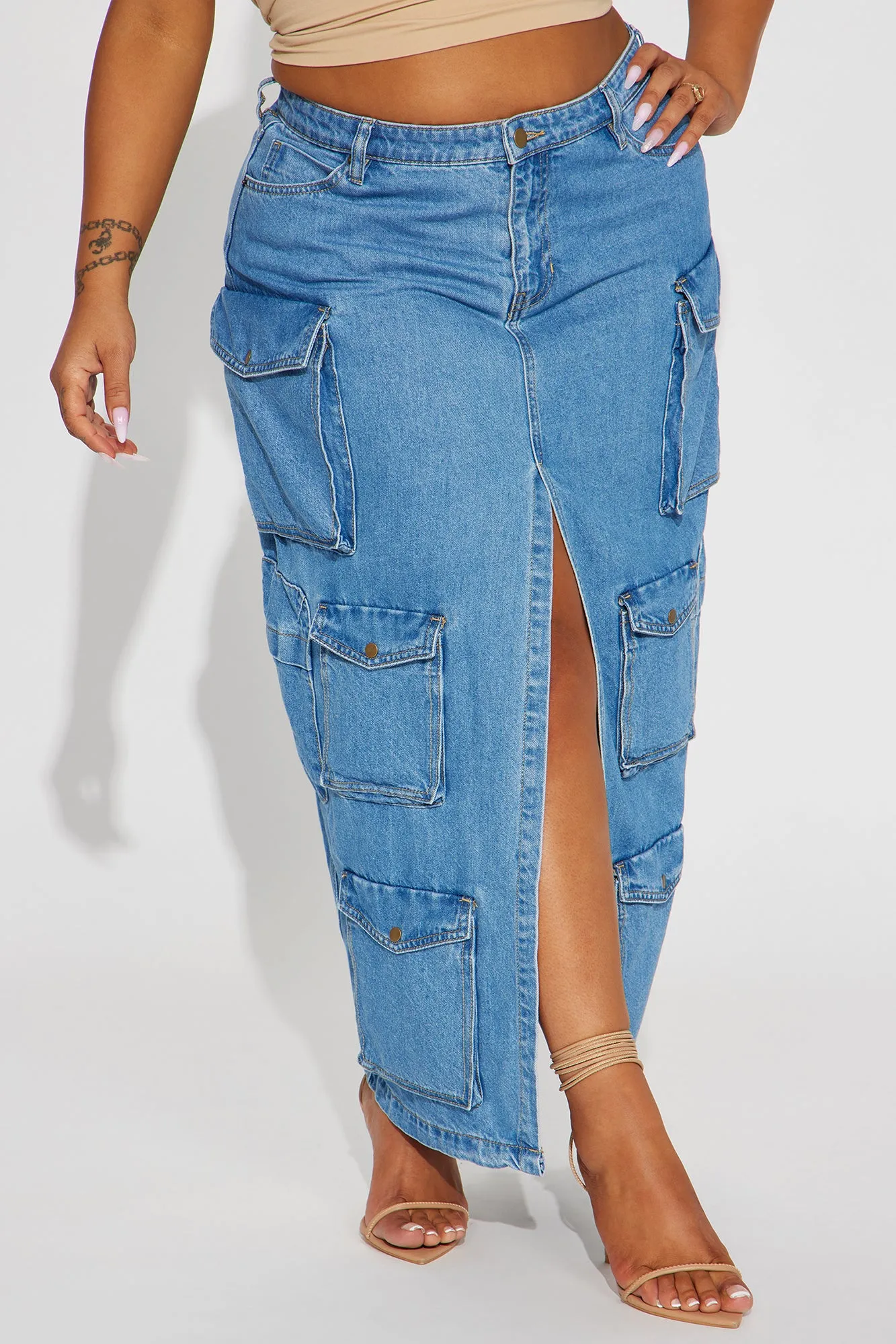 Big Energy Denim Cargo Maxi Skirt - Medium Wash