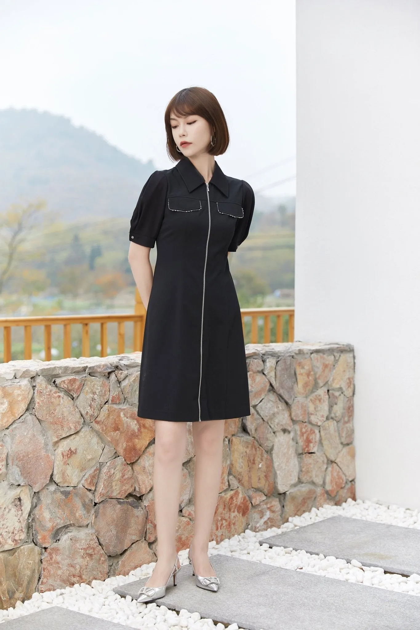 Black A-line Short Sleeve Dress