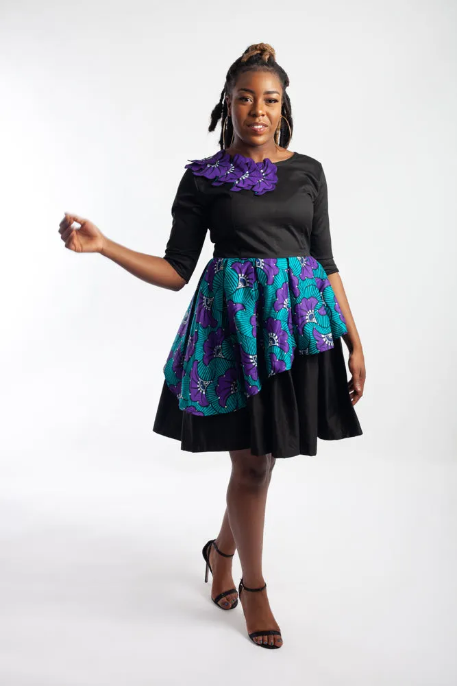 Black / Ankara (Blue and Purple) layered bell dress embellished with Rhinestones