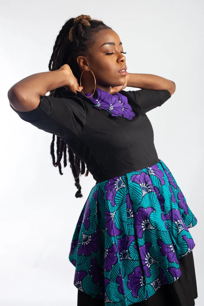 Black / Ankara (Blue and Purple) layered bell dress embellished with Rhinestones