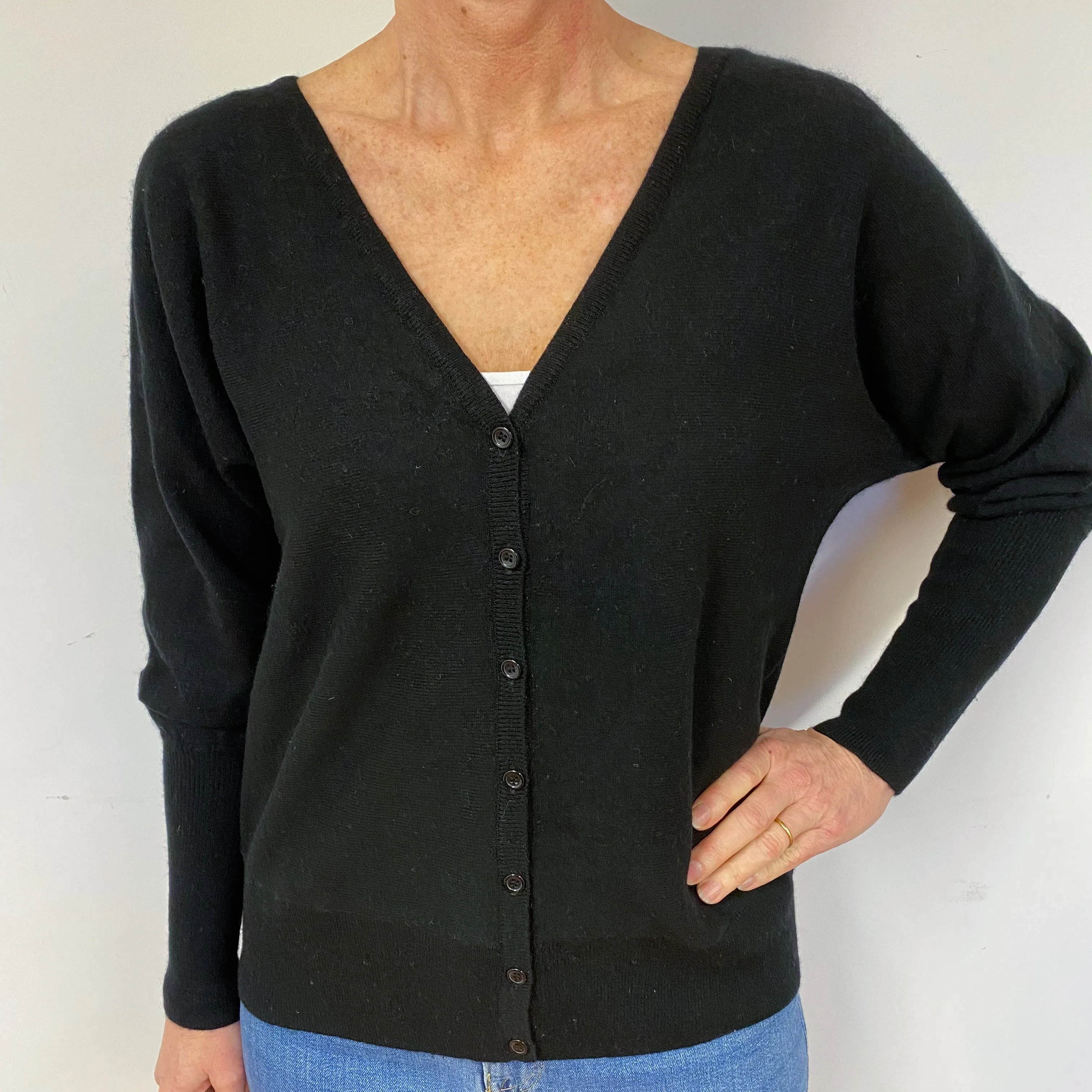 Black Batwing Cashmere V-Neck Cardigan Medium