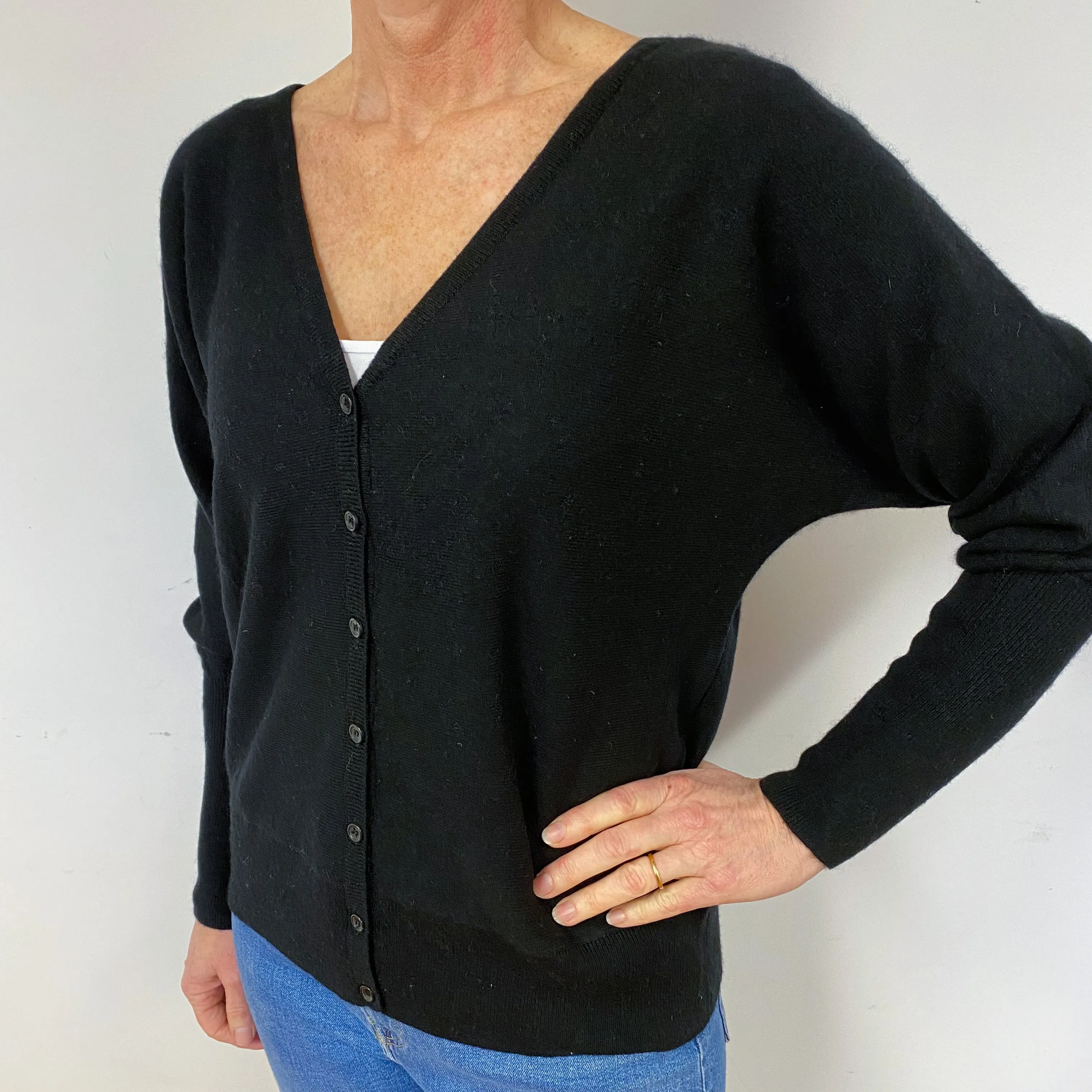 Black Batwing Cashmere V-Neck Cardigan Medium