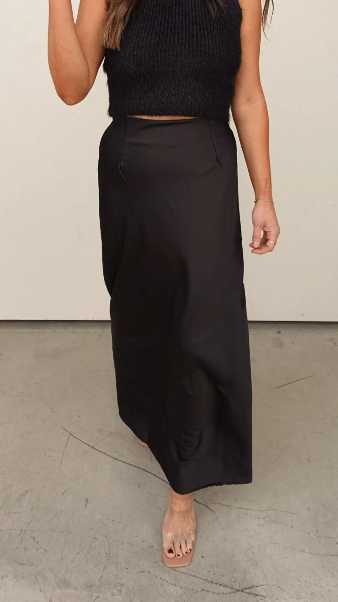 Black High-Waisted Satin Maxi Skirt