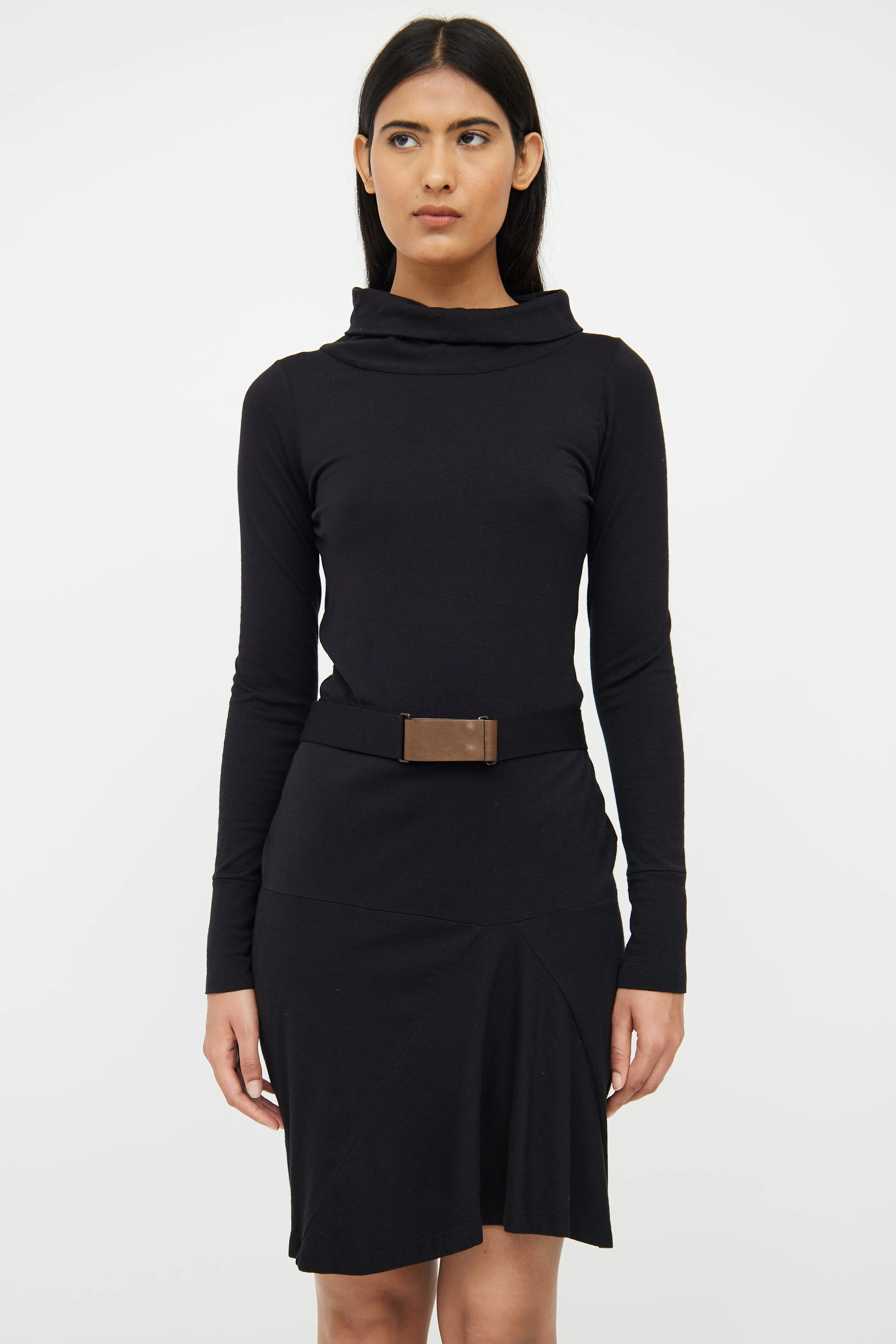 Black Wool Blend Belted Dress