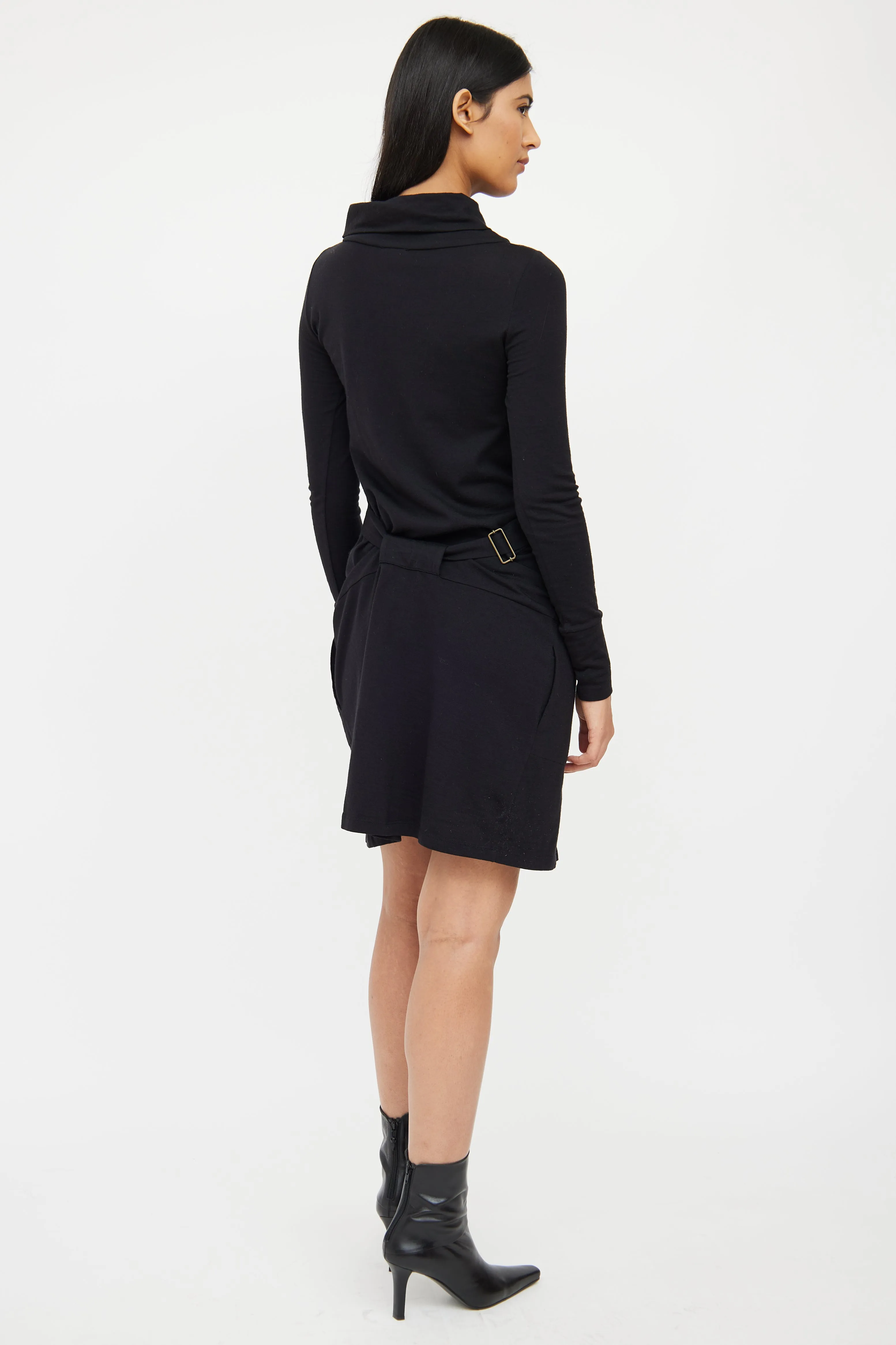 Black Wool Blend Belted Dress