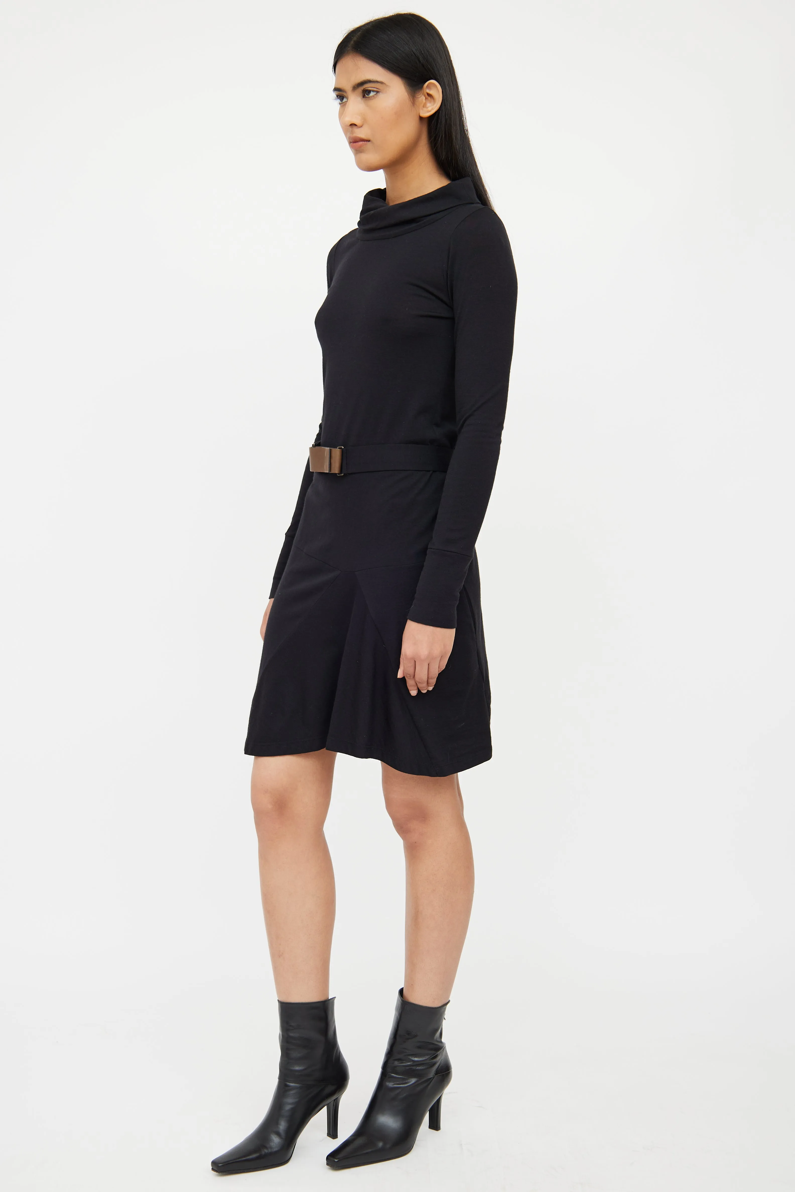 Black Wool Blend Belted Dress