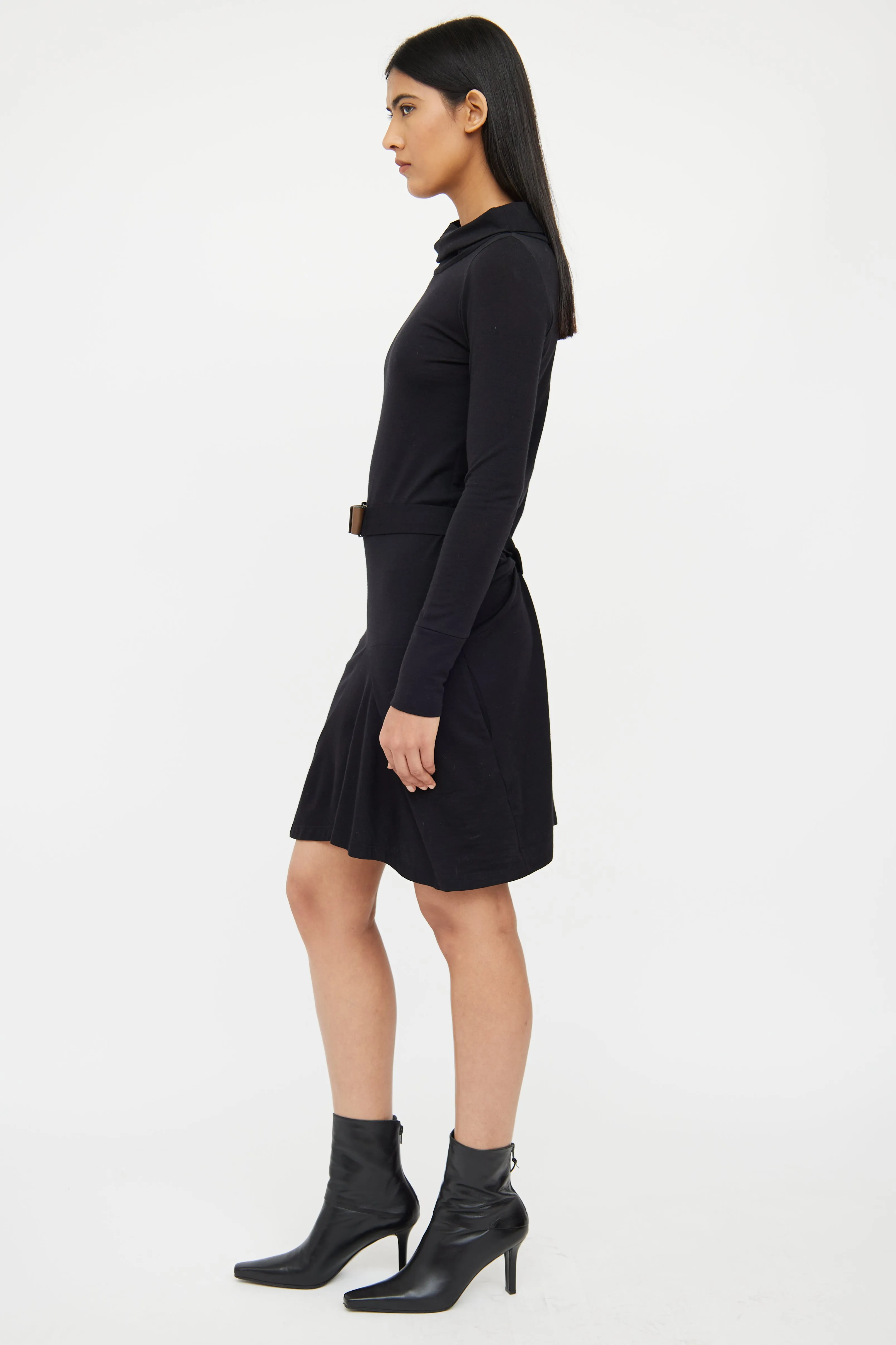 Black Wool Blend Belted Dress