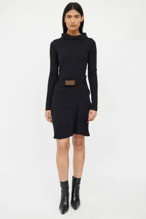 Black Wool Blend Belted Dress