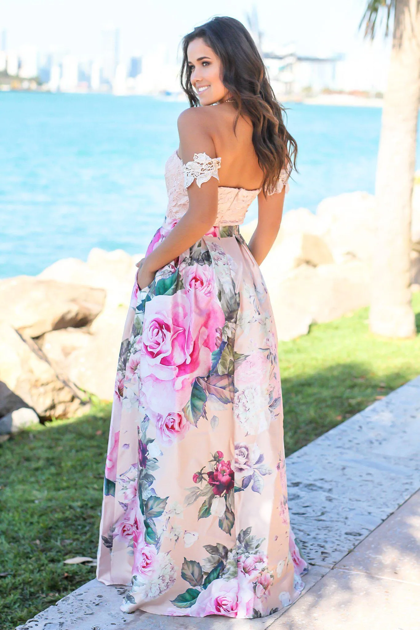 Blush Off Shoulder Floral Maxi Dress with Crochet Top