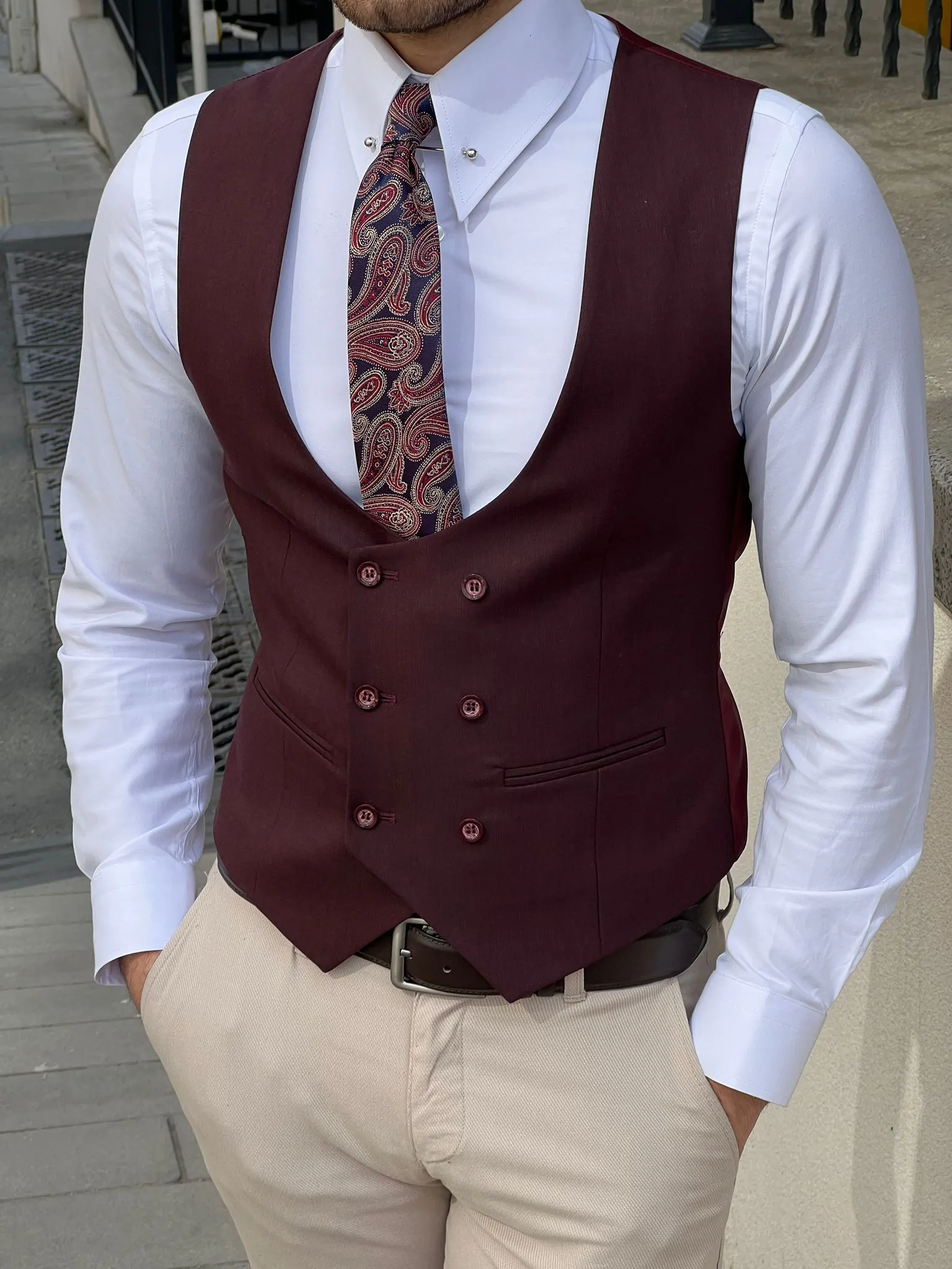 Bojoni Montebello Slim Fit Double Breasted Claret Red Vest