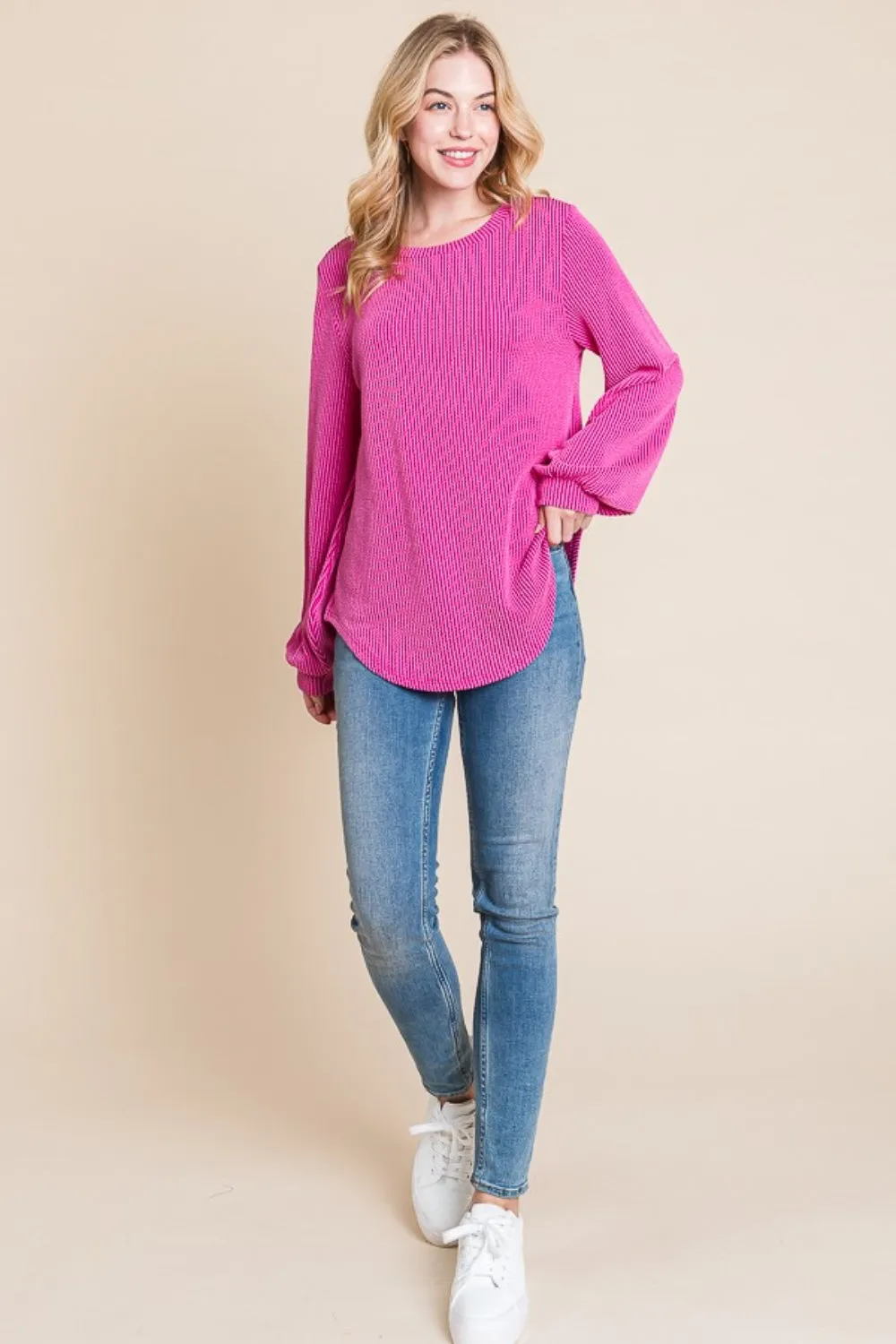 BOMBOM Long Sleeve Curved Hem Ribbed T-Shirt