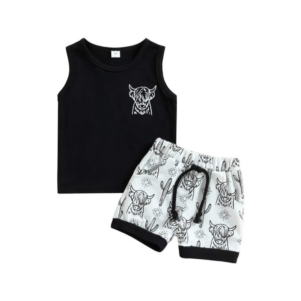 Boy Summer Clothing Cow Head Sleeveless Vest Elastic Waist Shorts Set Wholesale Boys Clothes