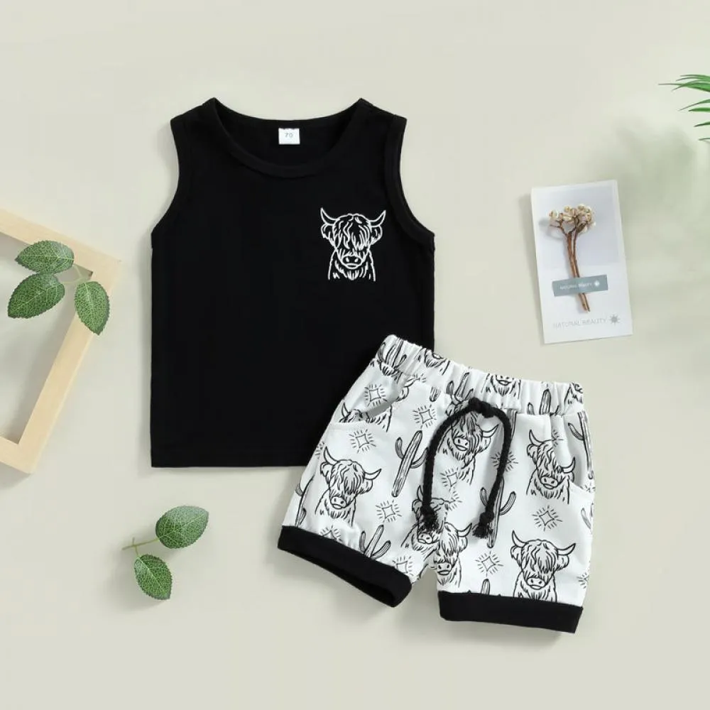 Boy Summer Clothing Cow Head Sleeveless Vest Elastic Waist Shorts Set Wholesale Boys Clothes