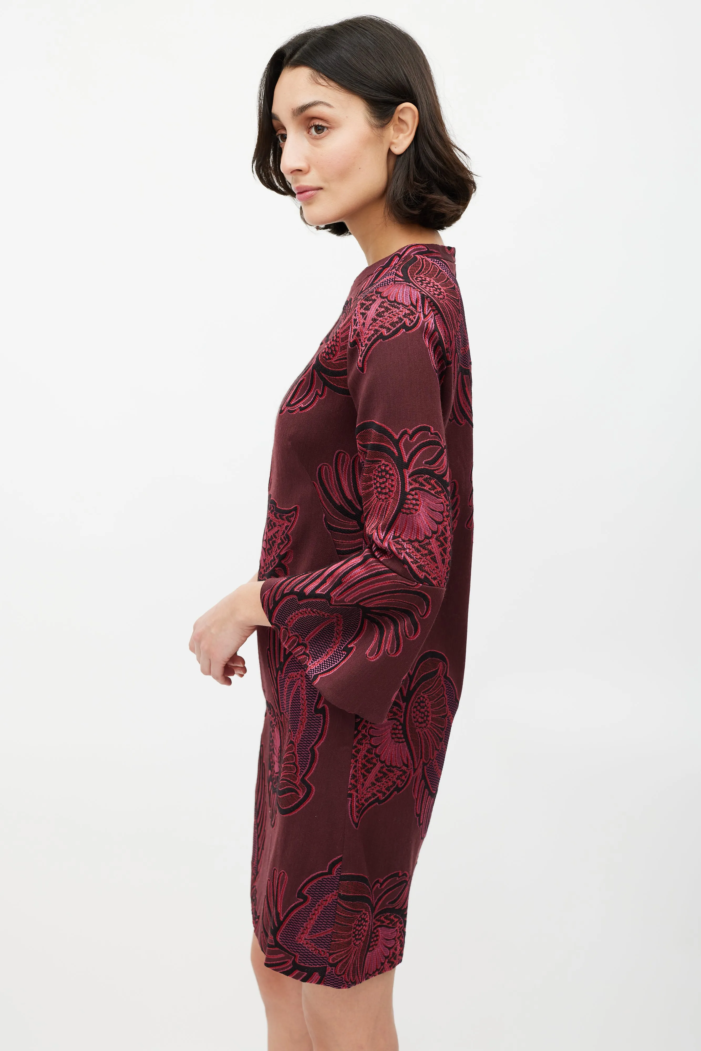 Burgundy & Pink Brocade Bell Sleeve Dress