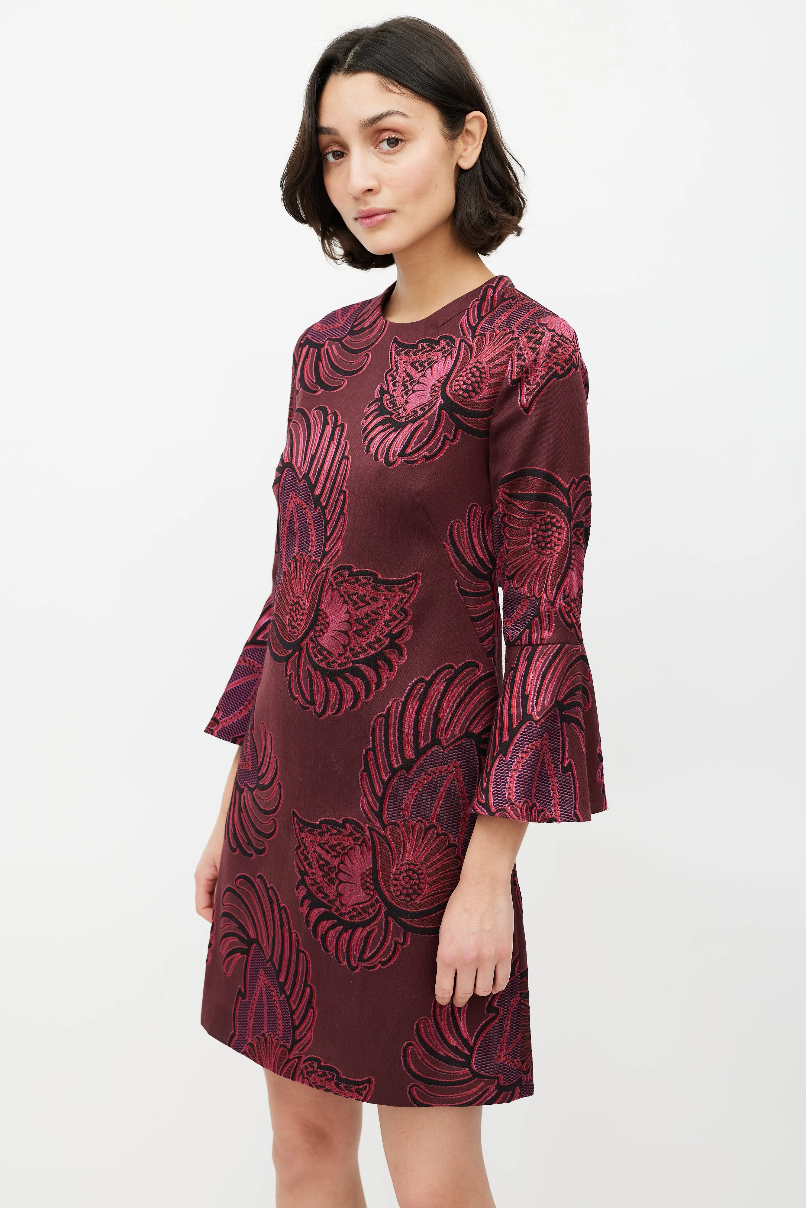 Burgundy & Pink Brocade Bell Sleeve Dress