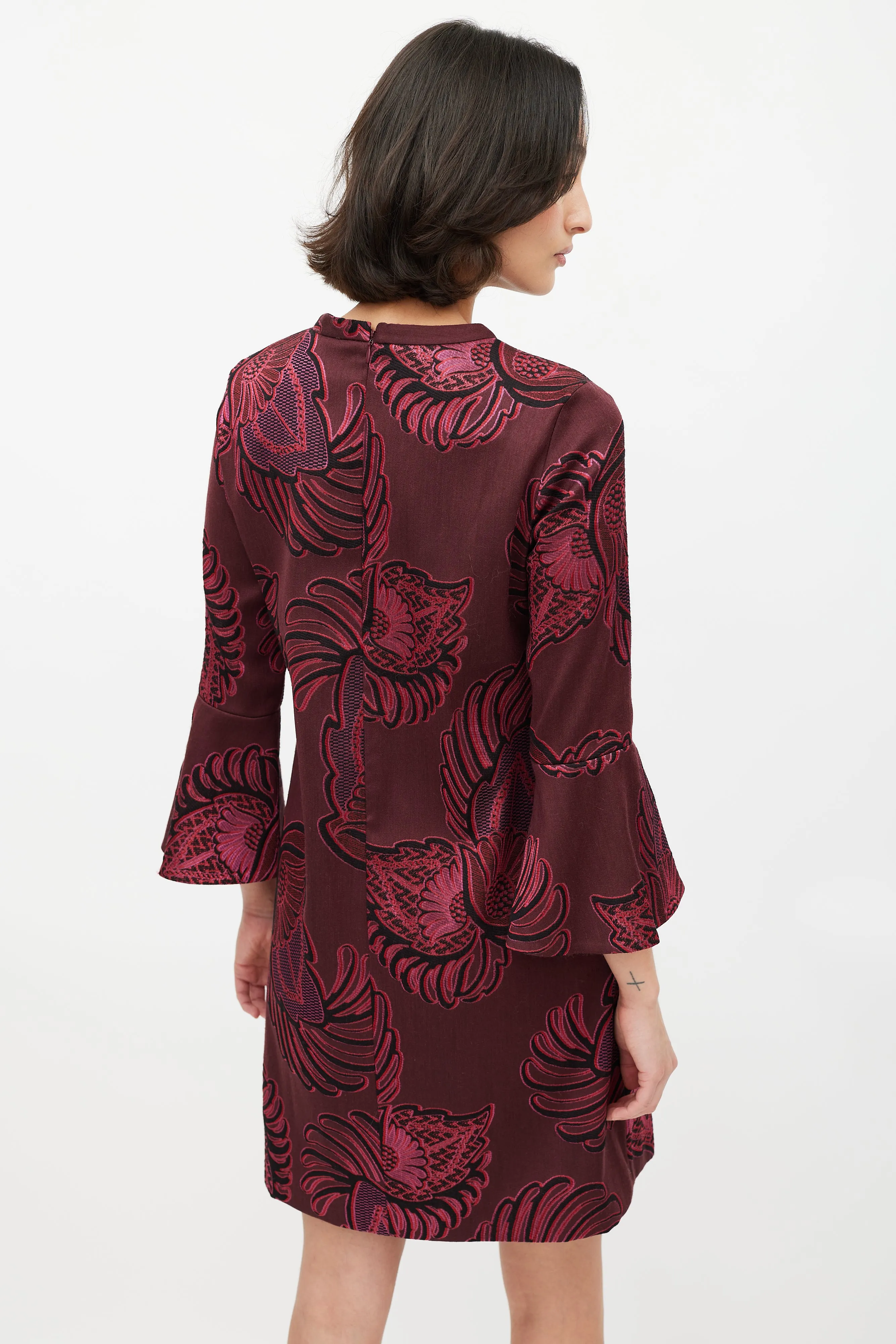 Burgundy & Pink Brocade Bell Sleeve Dress