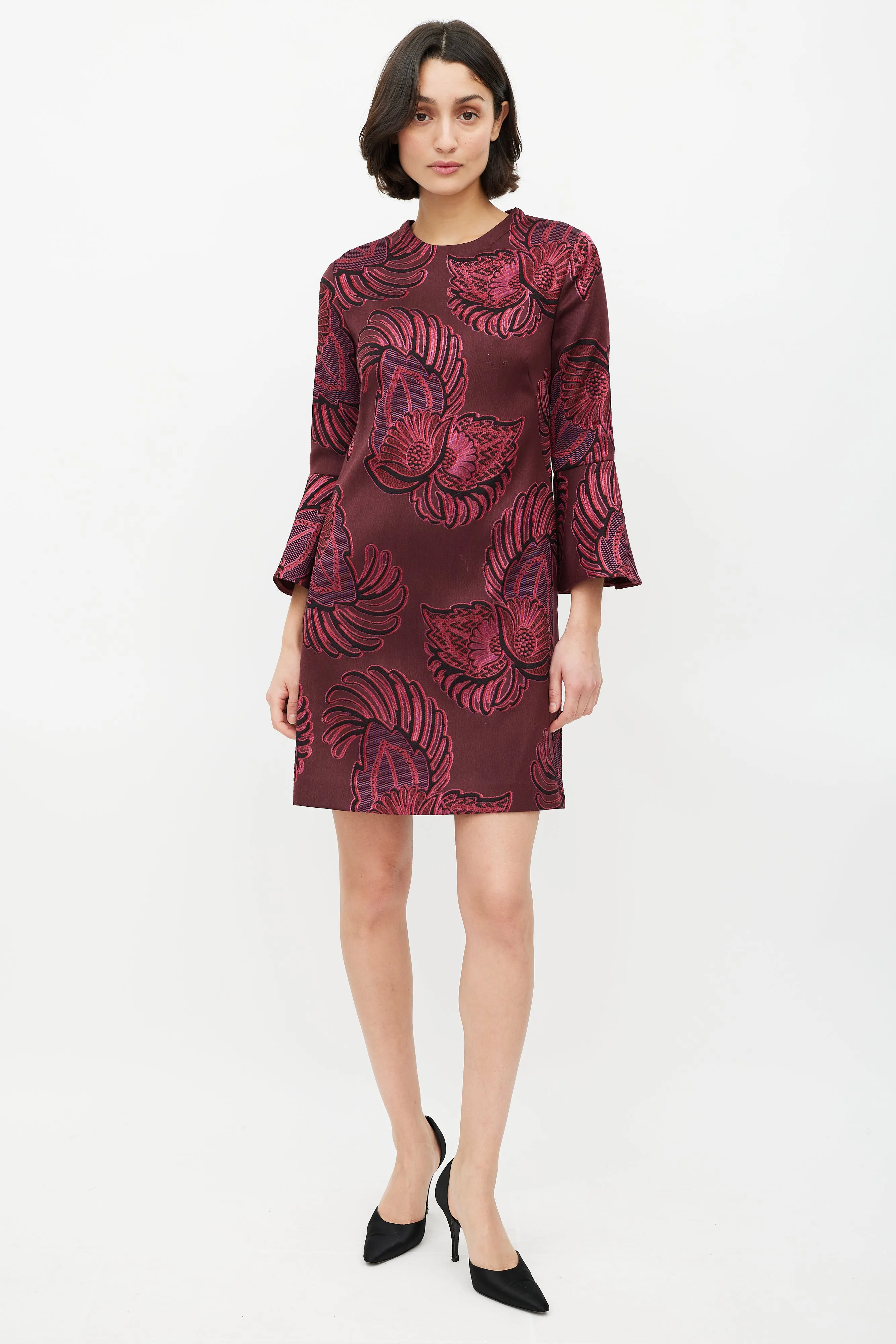 Burgundy & Pink Brocade Bell Sleeve Dress