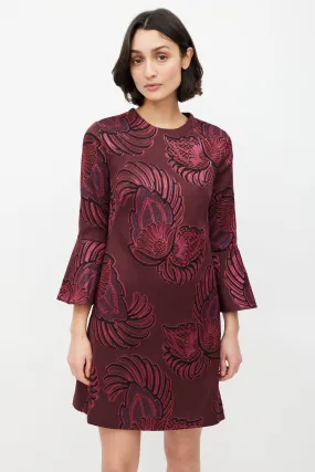 Burgundy & Pink Brocade Bell Sleeve Dress