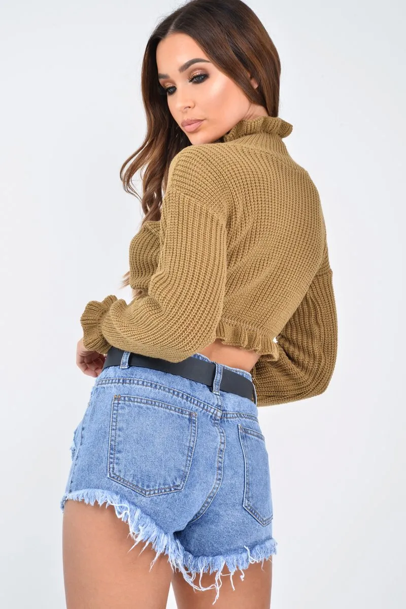 Camel Ruffle Hem Chunky Knit Crop Jumper - Alannah