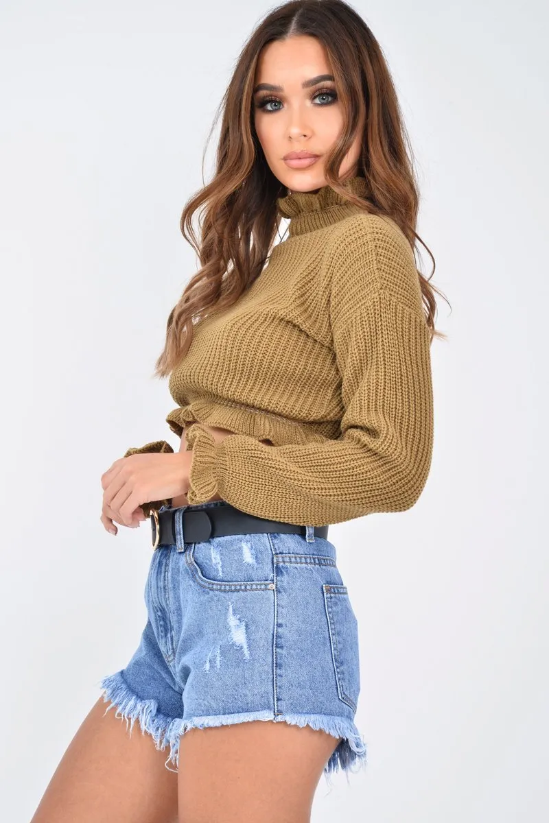 Camel Ruffle Hem Chunky Knit Crop Jumper - Alannah