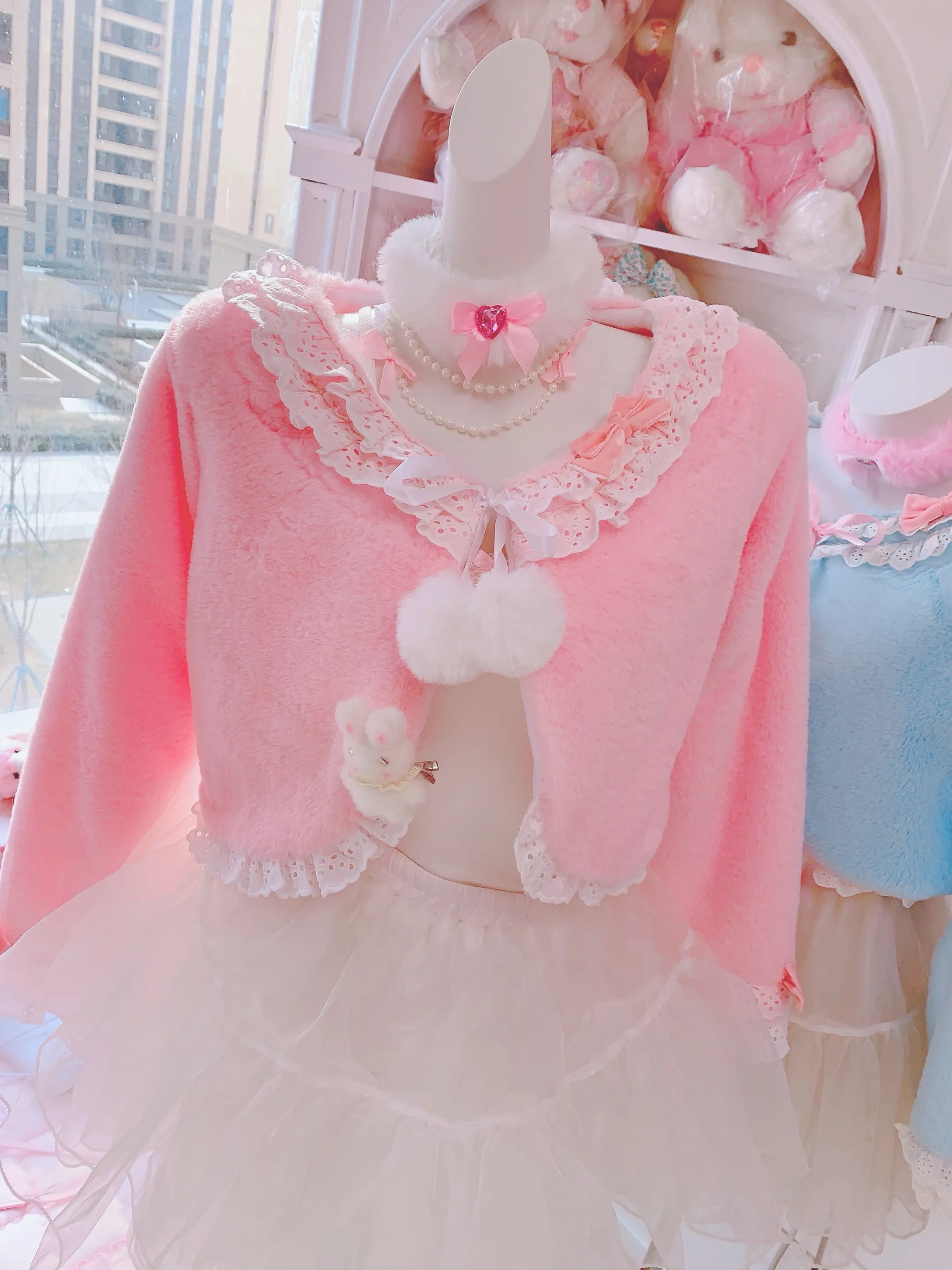 Candy Fairy Pink Blue Lace Sailor Collar Bow Plush Fur Jacket