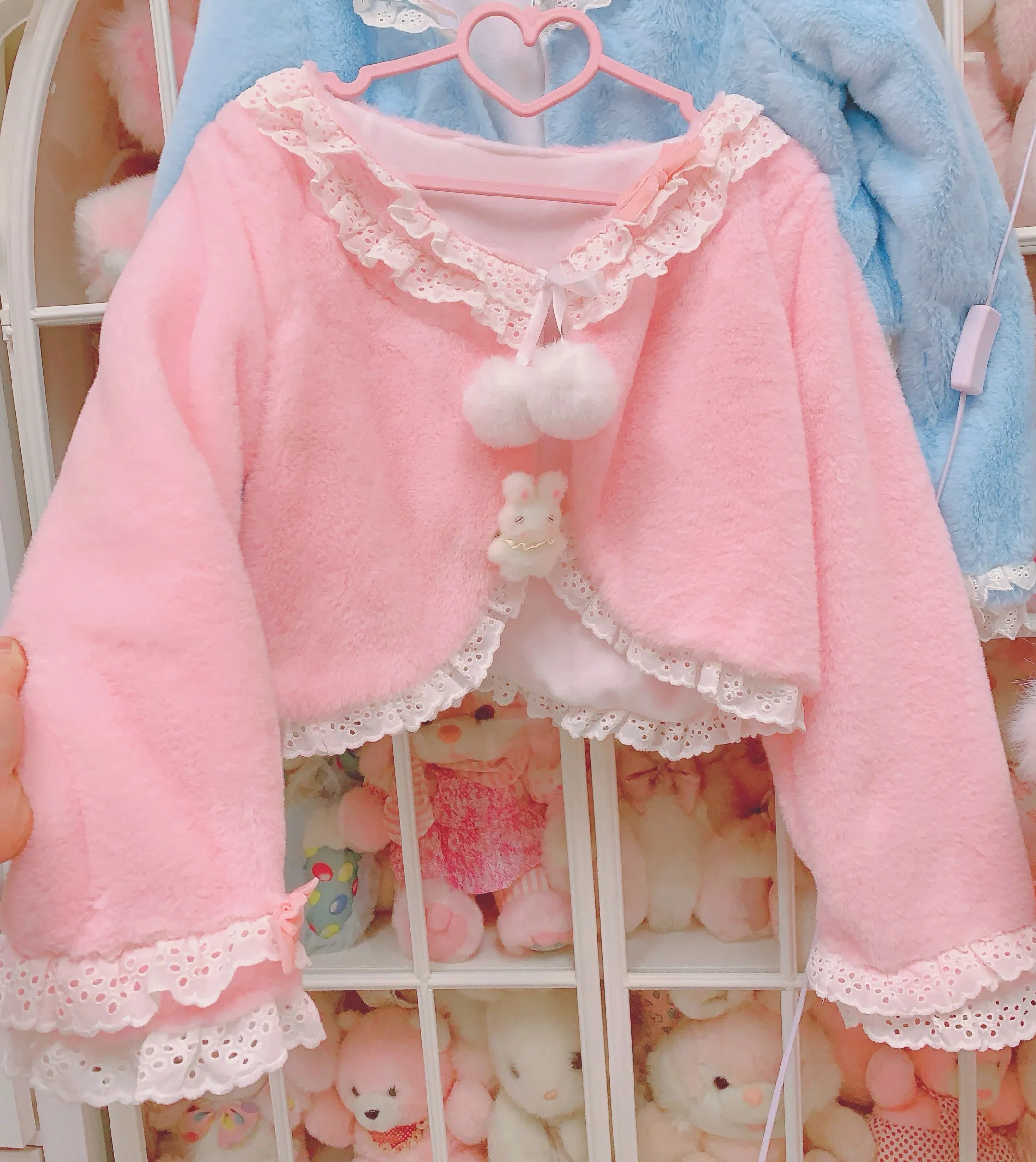 Candy Fairy Pink Blue Lace Sailor Collar Bow Plush Fur Jacket