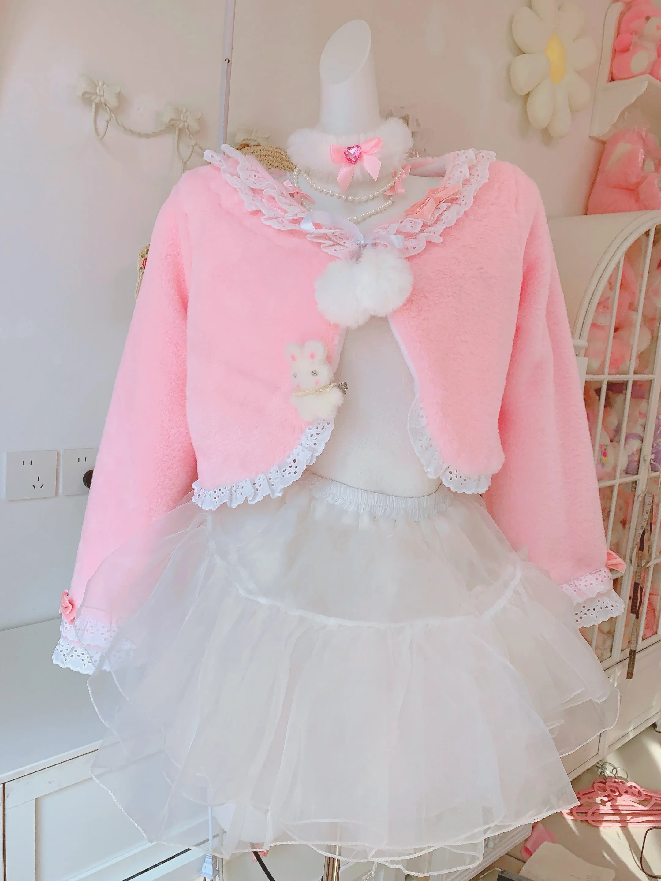 Candy Fairy Pink Blue Lace Sailor Collar Bow Plush Fur Jacket